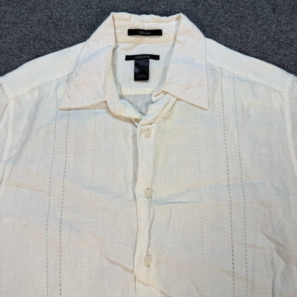 Claiborne Mens Large Linen Shirt Short Sleeve Embroidered Button Down LRG #4194